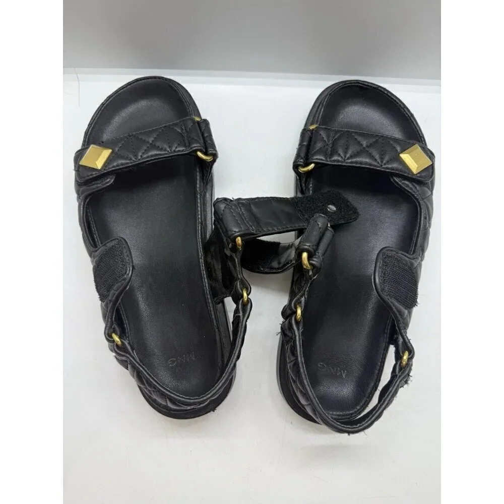 MNG Mango Sandals Womens EU38 US7 Black Padded Studs Chunky Quilted Double Strap